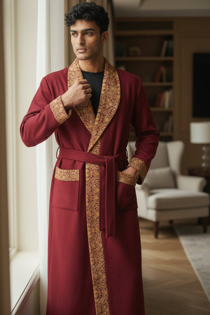 Men Woolen Nightgown Dressing Gown Sleep And Lounge Wear With Kashmiri Embroidery Free Size -Maroon