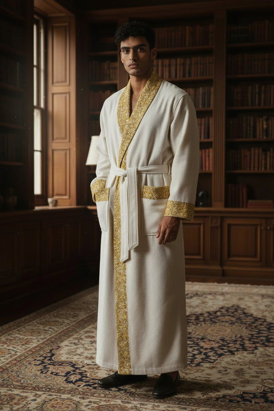 Men Woolen Nightgown Dressing Gown Sleep And Lounge Wear With Kashmiri Embroidery Free Size - White2