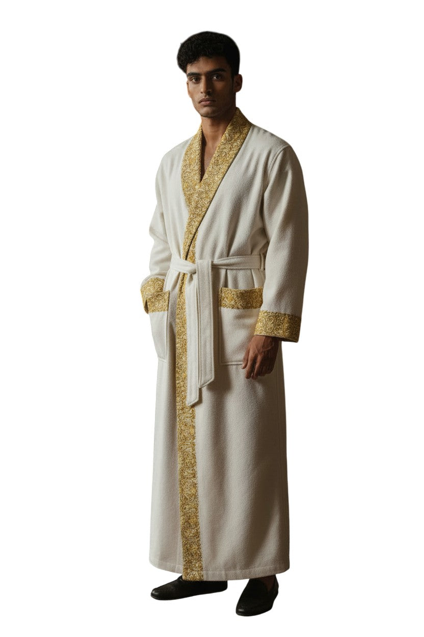 Men Woolen Nightgown Dressing Gown Sleep And Lounge Wear With Kashmiri Embroidery Free Size - White2