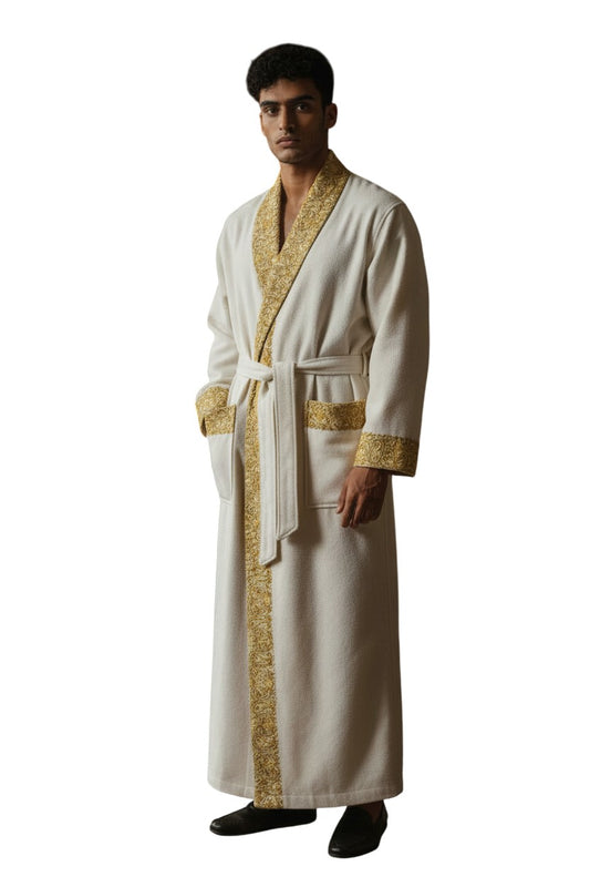 Men Woolen Nightgown Dressing Gown Sleep And Lounge Wear With Kashmiri Embroidery Free Size - White2