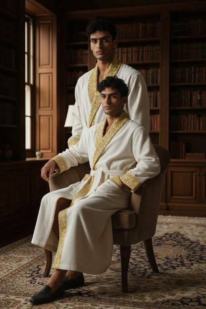 Men Woolen Nightgown Dressing Gown Sleep And Lounge Wear With Kashmiri Embroidery Free Size - White2