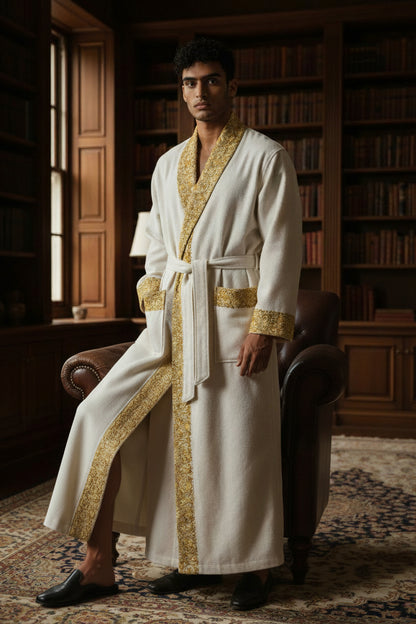 Men Woolen Nightgown Dressing Gown Sleep And Lounge Wear With Kashmiri Embroidery Free Size - White2
