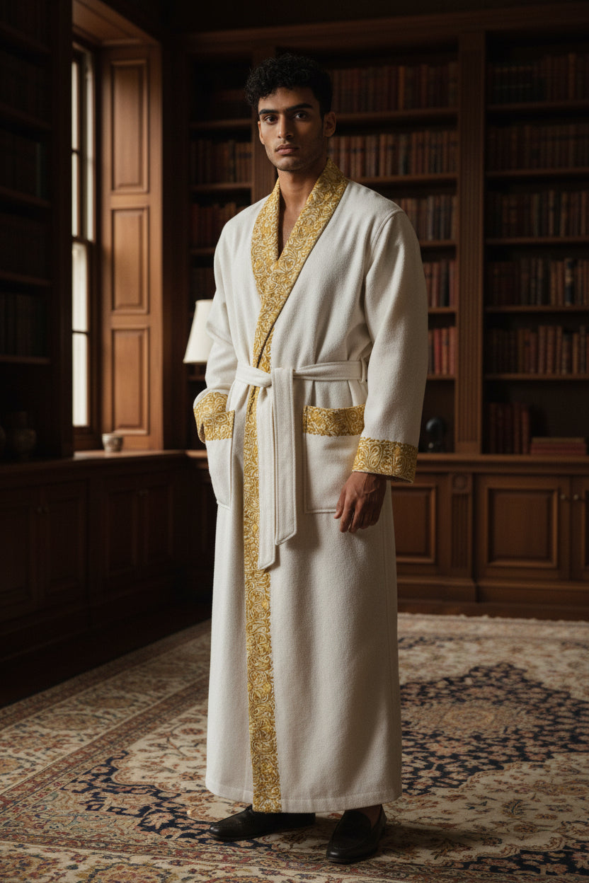 Men Woolen Nightgown Dressing Gown Sleep And Lounge Wear With Kashmiri Embroidery Free Size - White2