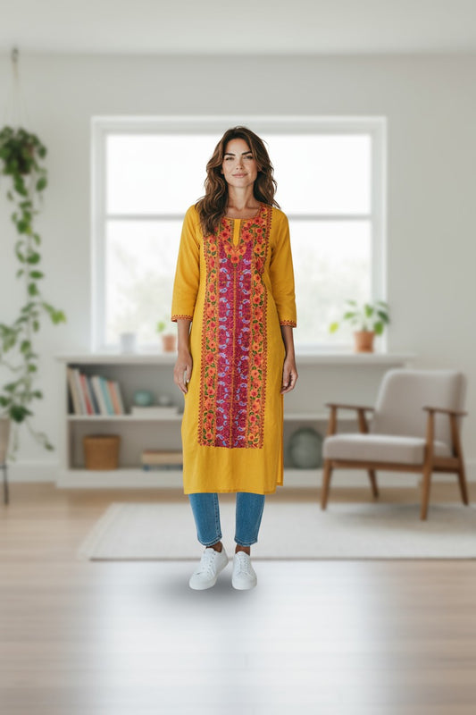 Women Cotton Suits with Kashmiri Embroidery Salwar Suits -Mustard