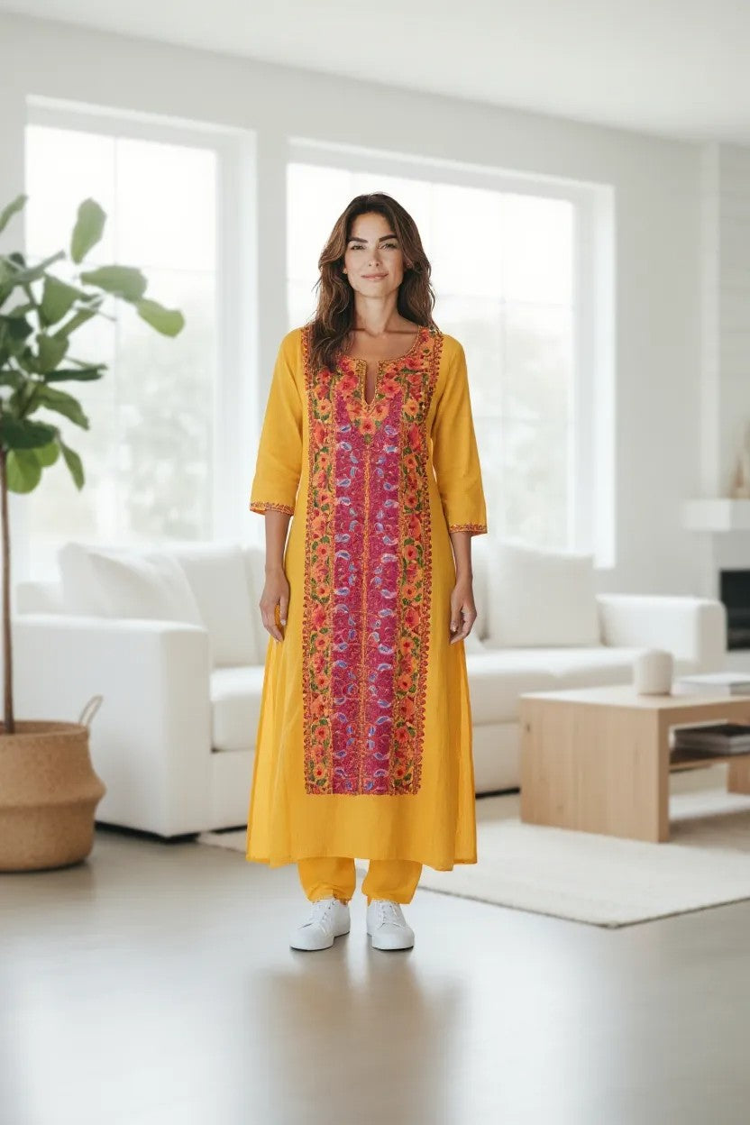 Women Cotton Suits with Kashmiri Embroidery Salwar Suits -Mustard
