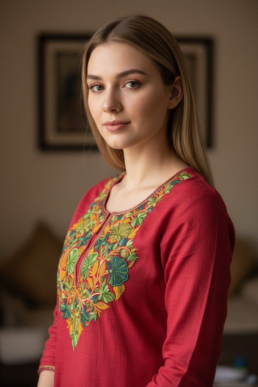 Women Cotton Suits with Kashmiri Embroidery Unstitched Dress Material Salwar Suits- Tomato Red