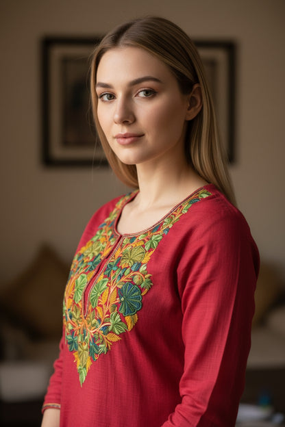 Women Cotton Suits with Kashmiri Embroidery Unstitched Dress Material Salwar Suits- Tomato Red