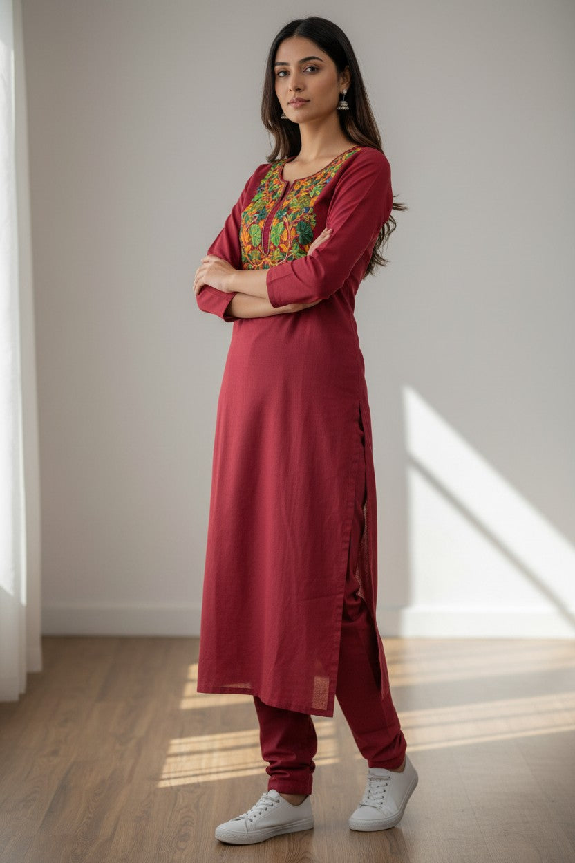 Women Cotton Suits with Kashmiri Embroidery Unstitched Dress Material Salwar Suits- Tomato Red