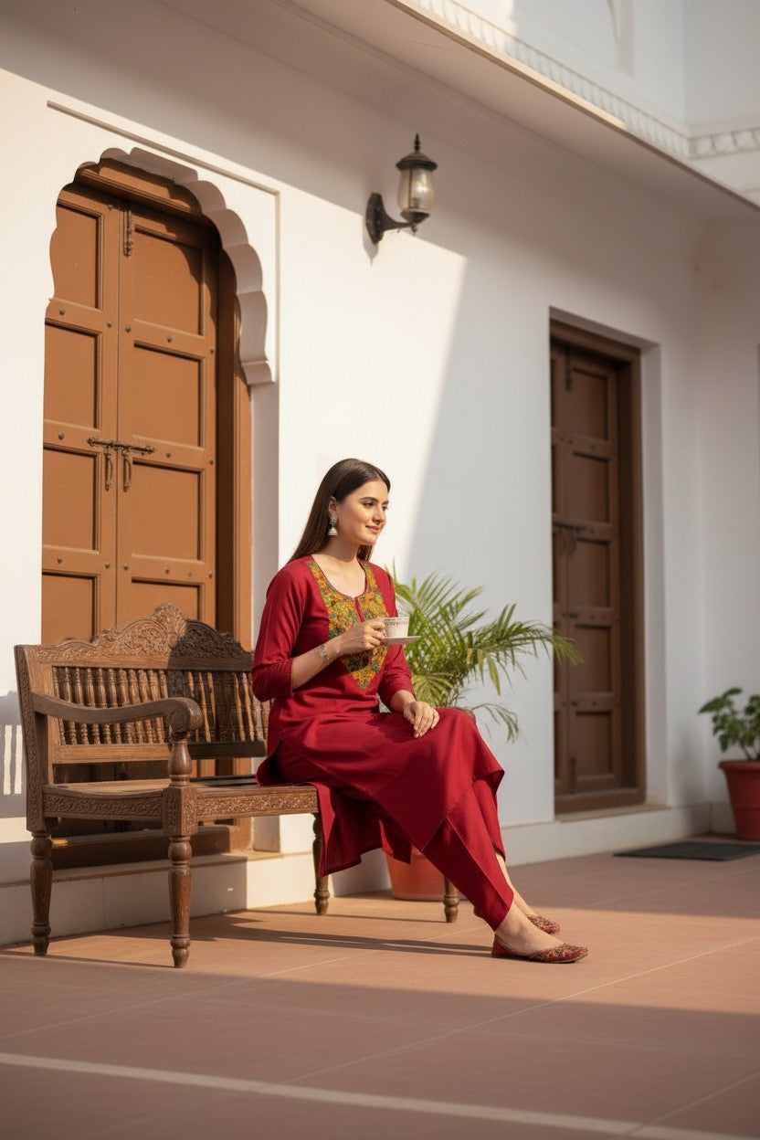 Women Cotton Suits with Kashmiri Embroidery Unstitched Dress Material Salwar Suits- Tomato Red