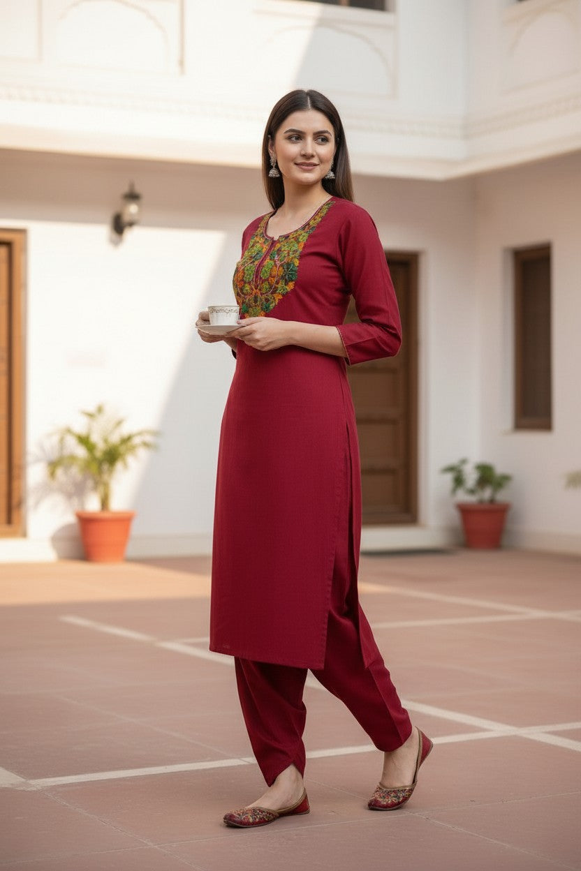 Women Cotton Suits with Kashmiri Embroidery Unstitched Dress Material Salwar Suits- Tomato Red