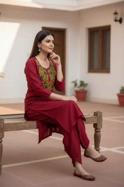 Women Cotton Suits with Kashmiri Embroidery Unstitched Dress Material Salwar Suits- Tomato Red