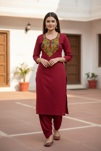Women Cotton Suits with Kashmiri Embroidery Unstitched Dress Material Salwar Suits- Tomato Red