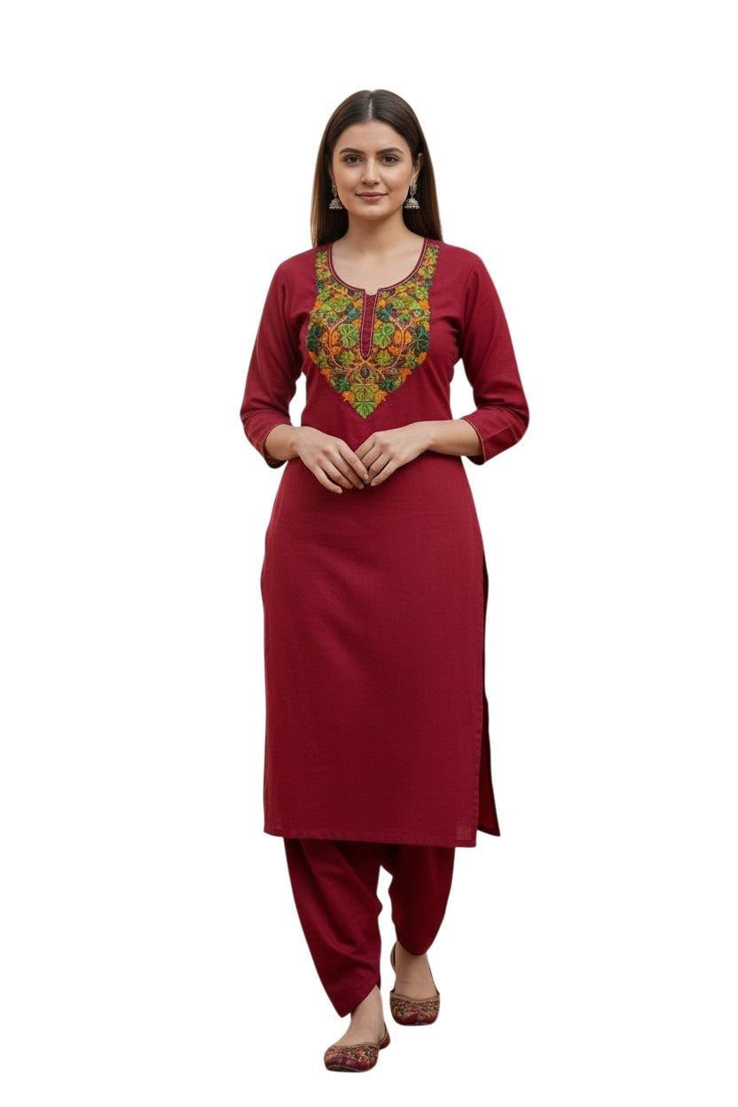 Women Cotton Suits with Kashmiri Embroidery Unstitched Dress Material Salwar Suits- Tomato Red