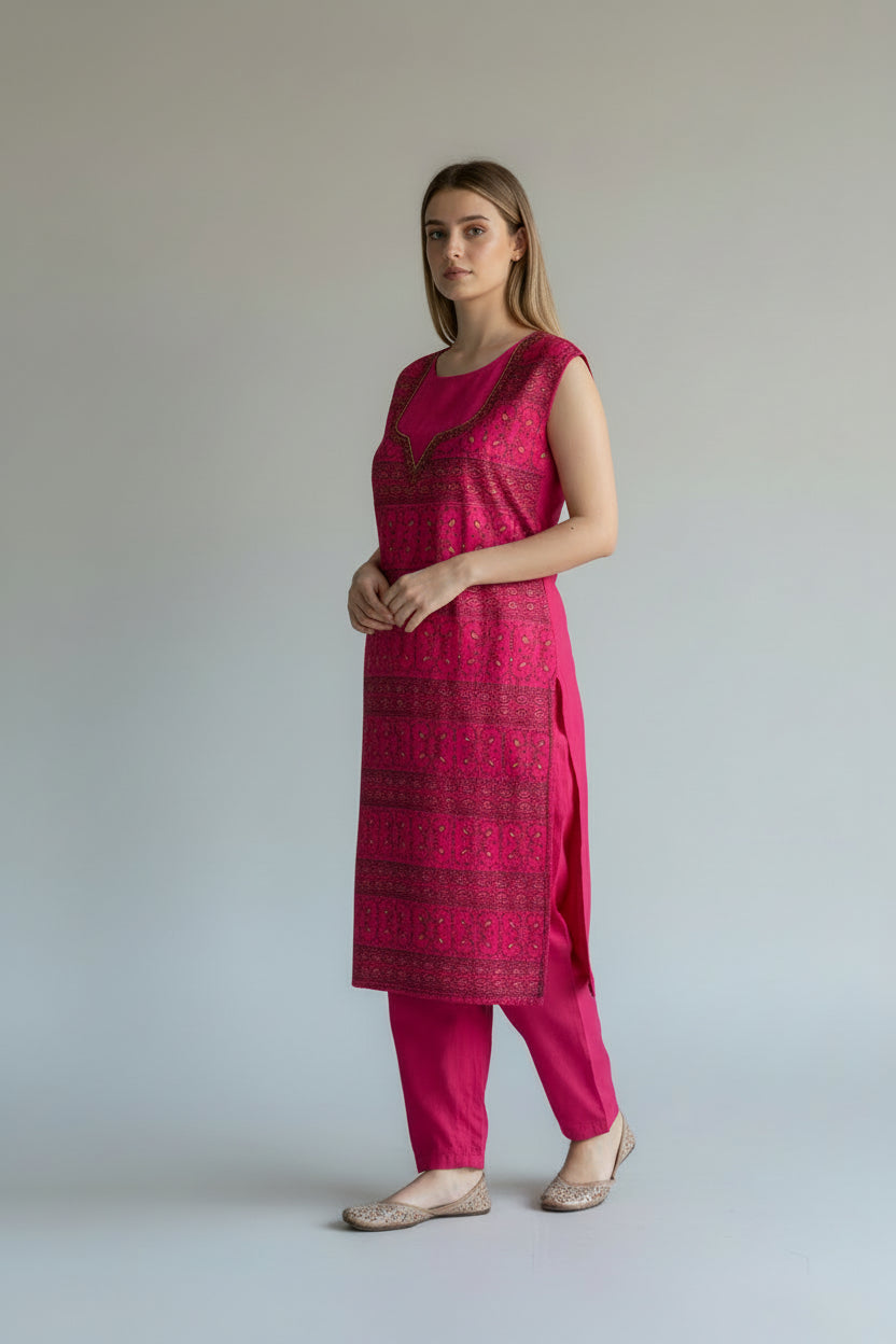 Women Cotton Suits with Kashmiri Hand Sozni Embroidery Two Piece Suit - Tomato Red