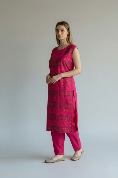 Women Cotton Suits with Kashmiri Hand Sozni Embroidery Two Piece Suit - Tomato Red