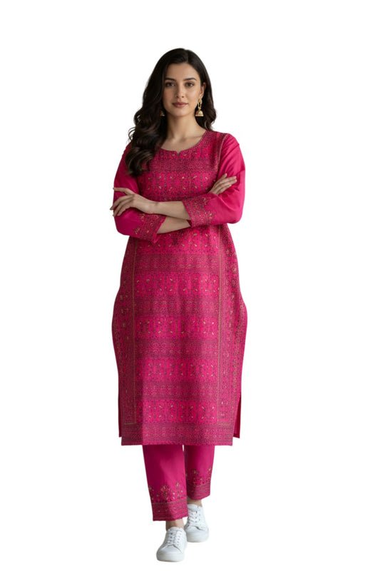 Women Cotton Suits with Kashmiri Hand Sozni Embroidery Two Piece Suit - Tomato Red