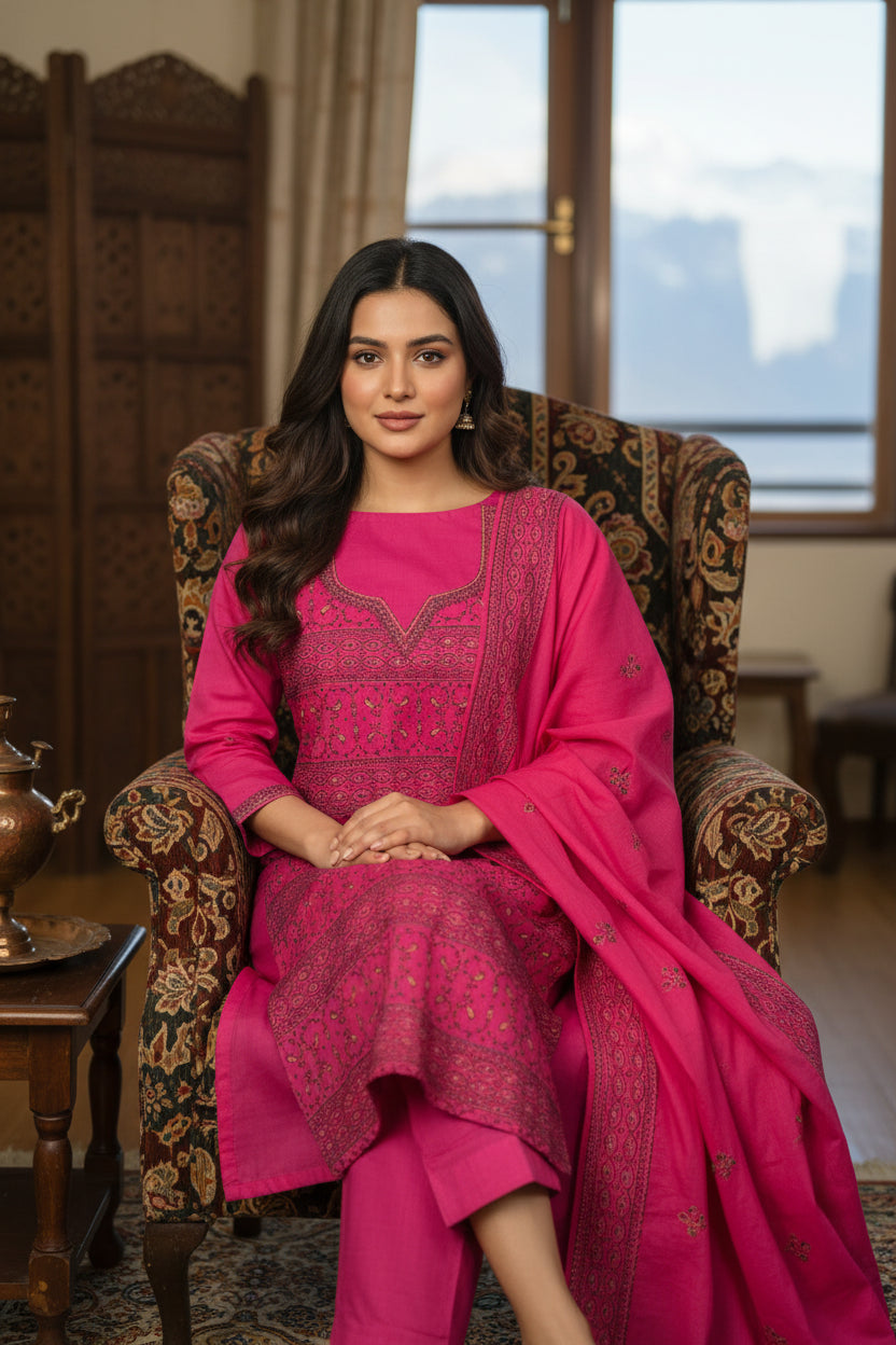 Women Cotton Suits with Kashmiri Hand Sozni Embroidery Two Piece Suit - Tomato Red