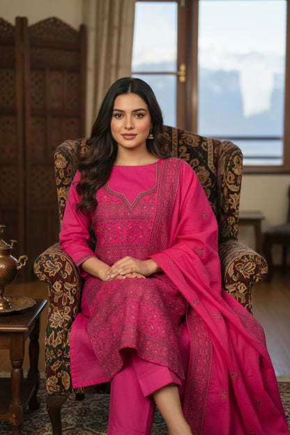 Women Cotton Suits with Kashmiri Hand Sozni Embroidery Two Piece Suit - Tomato Red