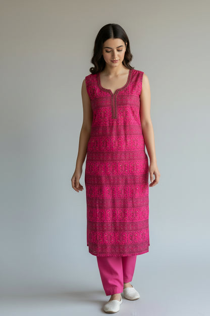 Women Cotton Suits with Kashmiri Hand Sozni Embroidery Two Piece Suit - Tomato Red