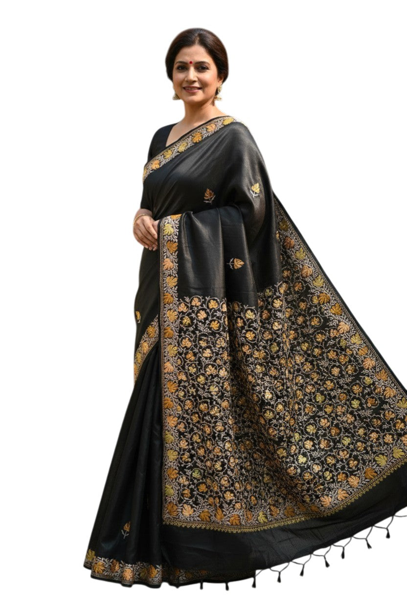 Women's Silk Sarees with Kashmiri Aari Embroidery | Stylish Saree with Unstitched Blouse Pieces. - Black2