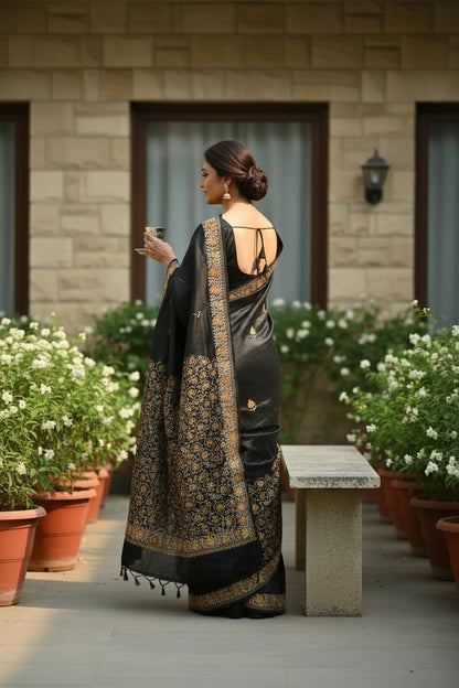 Women's Silk Sarees with Kashmiri Aari Embroidery | Stylish Saree with Unstitched Blouse Pieces. - Black2