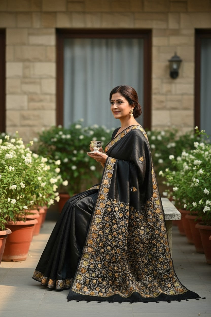 Women's Silk Sarees with Kashmiri Aari Embroidery | Stylish Saree with Unstitched Blouse Pieces. - Black2
