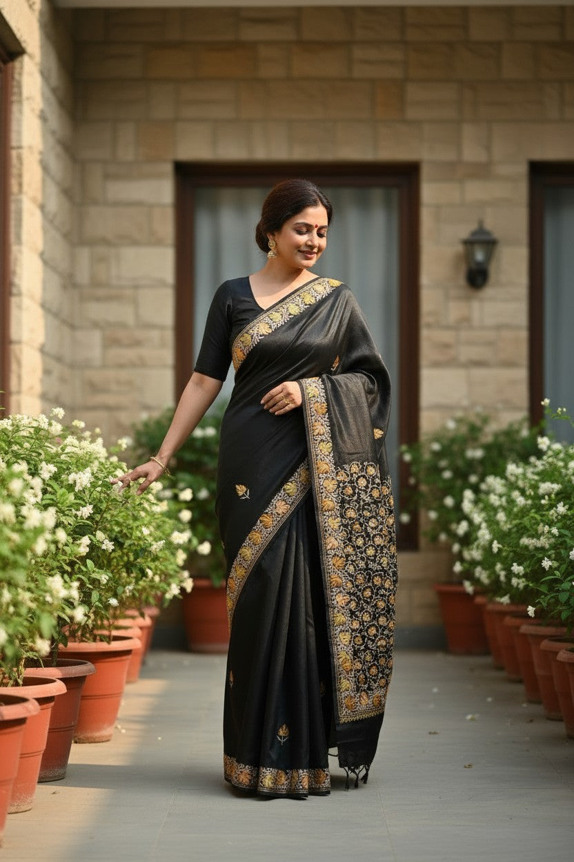 Women's Silk Sarees with Kashmiri Aari Embroidery | Stylish Saree with Unstitched Blouse Pieces. - Black2