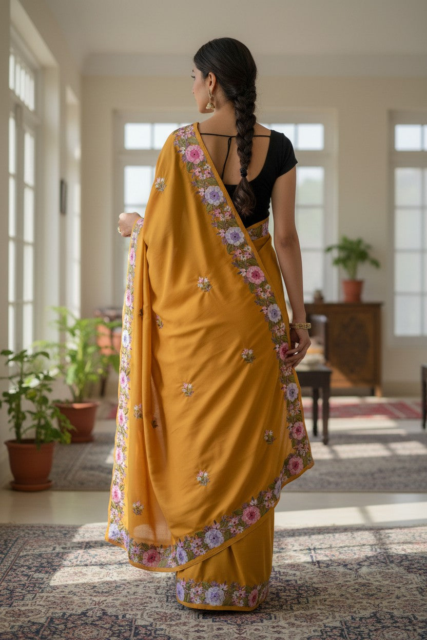 Women's Sarees with Kashmiri Aari Embroidery | Crepe Saree with Unstitched Blouse Pieces. - Mustard