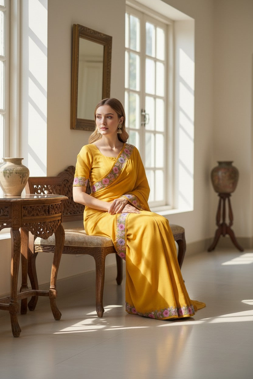Women's Sarees with Kashmiri Aari Embroidery | Crepe Saree with Unstitched Blouse Pieces. - Mustard