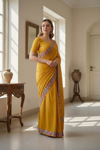Women's Sarees with Kashmiri Aari Embroidery | Crepe Saree with Unstitched Blouse Pieces. - Mustard
