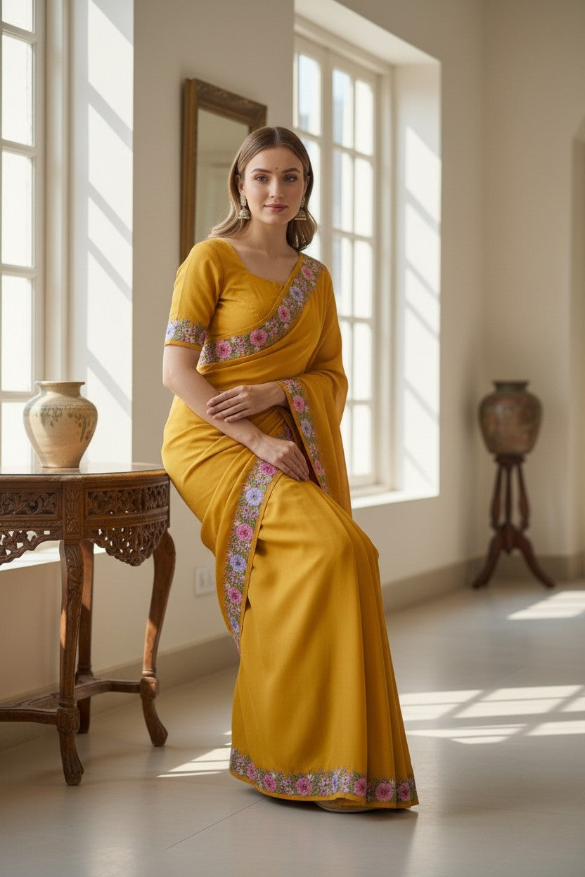 Women's Sarees with Kashmiri Aari Embroidery | Crepe Saree with Unstitched Blouse Pieces. - Mustard