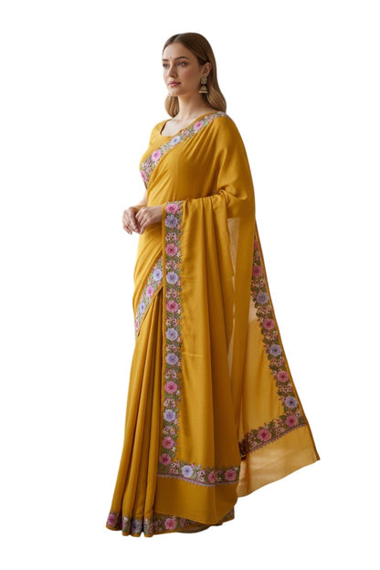 Women's Sarees with Kashmiri Aari Embroidery | Crepe Saree with Unstitched Blouse Pieces. - Mustard