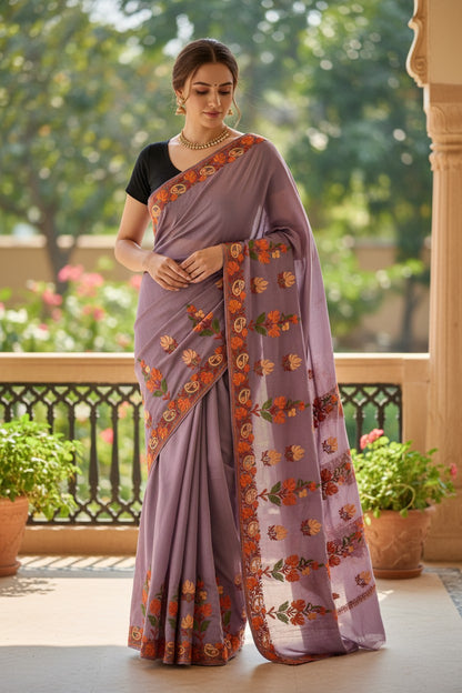 Women's Sarees with Kashmiri Aari Embroidery | Crepe Saree with Unstitched Blouse Pieces. -  Dusty Mauve