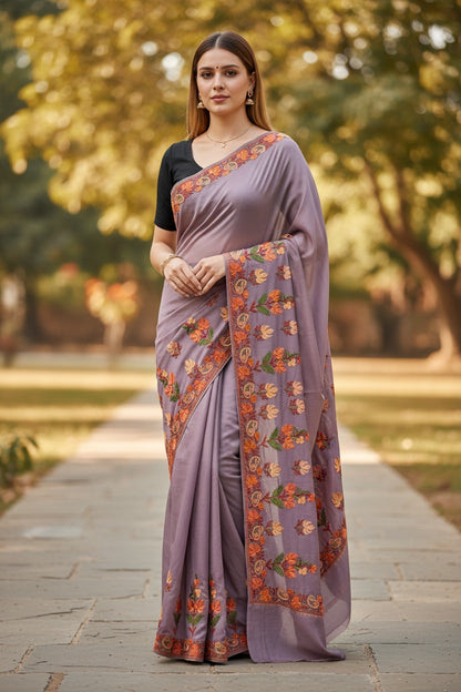 Women's Sarees with Kashmiri Aari Embroidery | Crepe Saree with Unstitched Blouse Pieces. -  Dusty Mauve