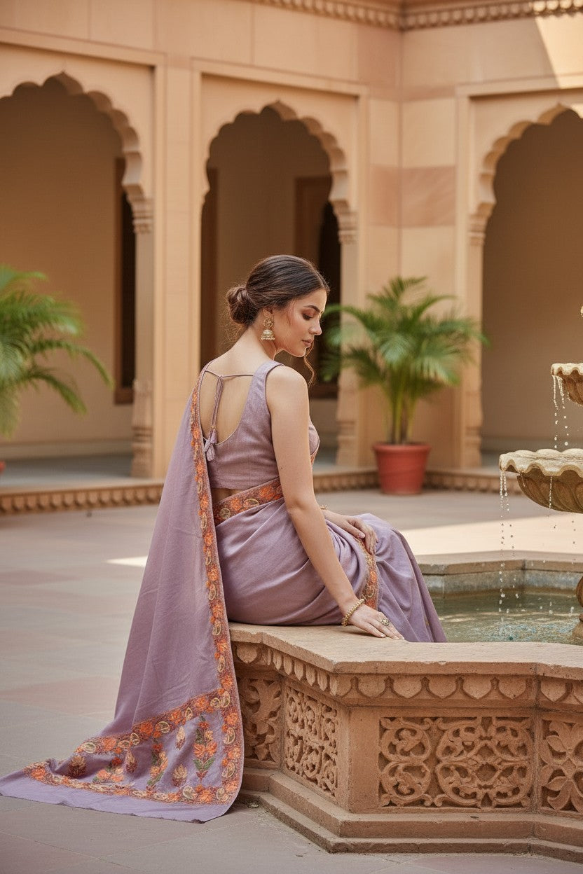 Women's Sarees with Kashmiri Aari Embroidery | Crepe Saree with Unstitched Blouse Pieces. -  Dusty Mauve