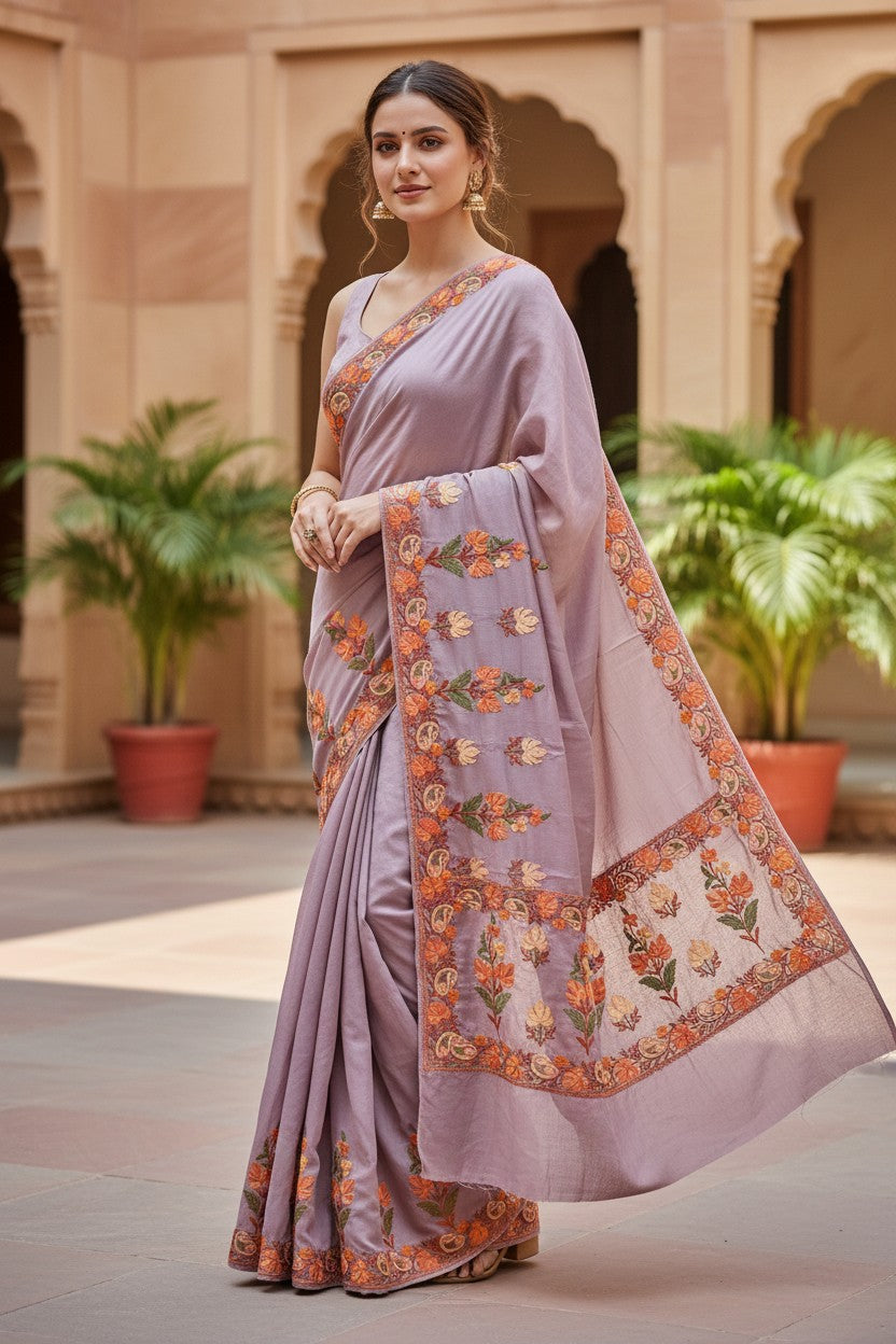 Women's Sarees with Kashmiri Aari Embroidery | Crepe Saree with Unstitched Blouse Pieces. -  Dusty Mauve