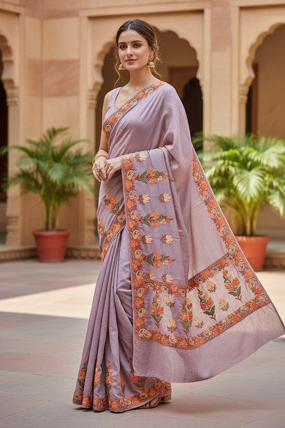 Women's Sarees with Kashmiri Aari Embroidery | Crepe Saree with Unstitched Blouse Pieces. -  Dusty Mauve