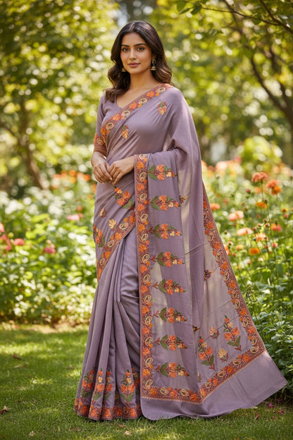 Women's Sarees with Kashmiri Aari Embroidery | Crepe Saree with Unstitched Blouse Pieces. -  Dusty Mauve