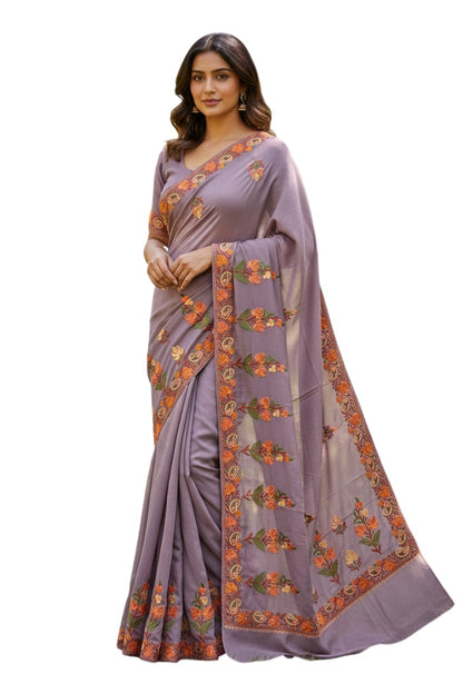 Women's Sarees with Kashmiri Aari Embroidery | Crepe Saree with Unstitched Blouse Pieces. -  Dusty Mauve