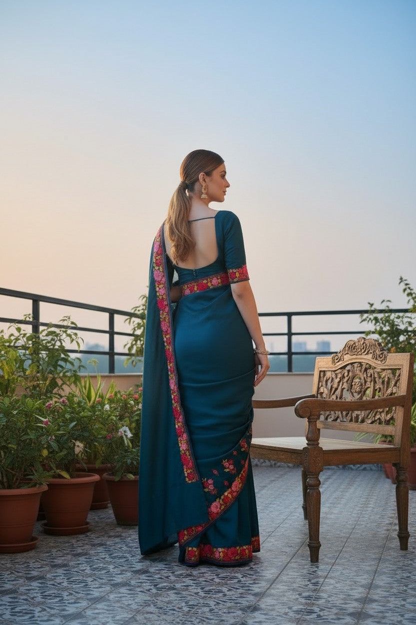 Women's Sarees with Kashmiri Aari Embroidery | Crepe Saree with Unstitched Blouse Pieces. -  Deep Teal