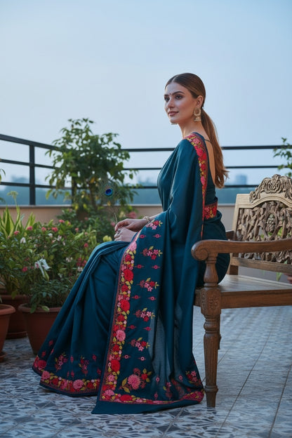 Women's Sarees with Kashmiri Aari Embroidery | Crepe Saree with Unstitched Blouse Pieces. -  Deep Teal