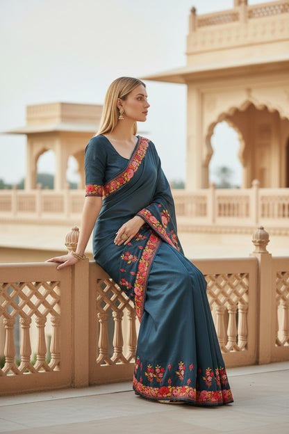 Women's Sarees with Kashmiri Aari Embroidery | Crepe Saree with Unstitched Blouse Pieces. -  Deep Teal