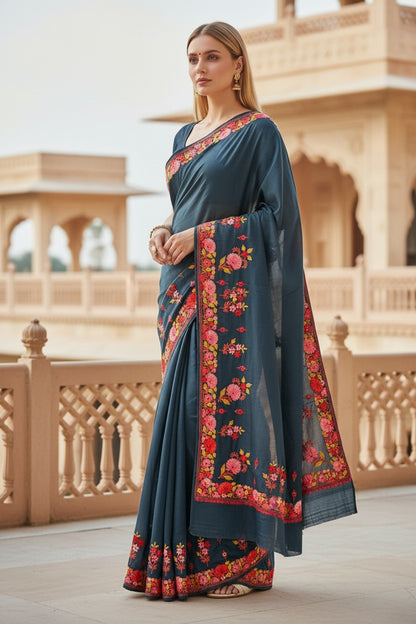 Women's Sarees with Kashmiri Aari Embroidery | Crepe Saree with Unstitched Blouse Pieces. -  Deep Teal