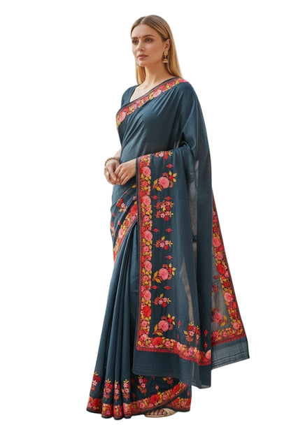 Women's Sarees with Kashmiri Aari Embroidery | Crepe Saree with Unstitched Blouse Pieces. -  Deep Teal