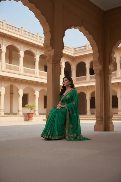 Women's Sarees with Kashmiri Aari Embroidery | Crepe Saree with Unstitched Blouse Pieces. - Emerald Green