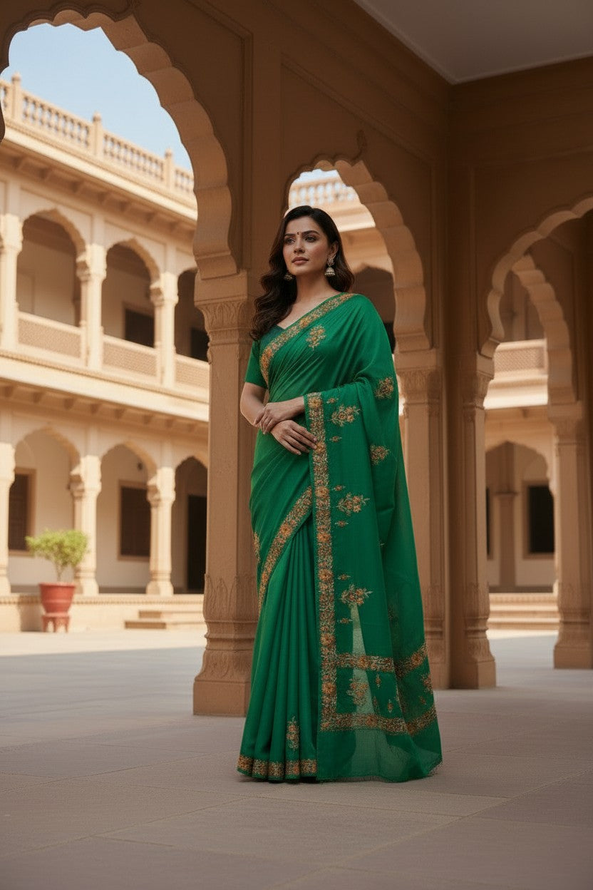 Women's Sarees with Kashmiri Aari Embroidery | Crepe Saree with Unstitched Blouse Pieces. - Emerald Green