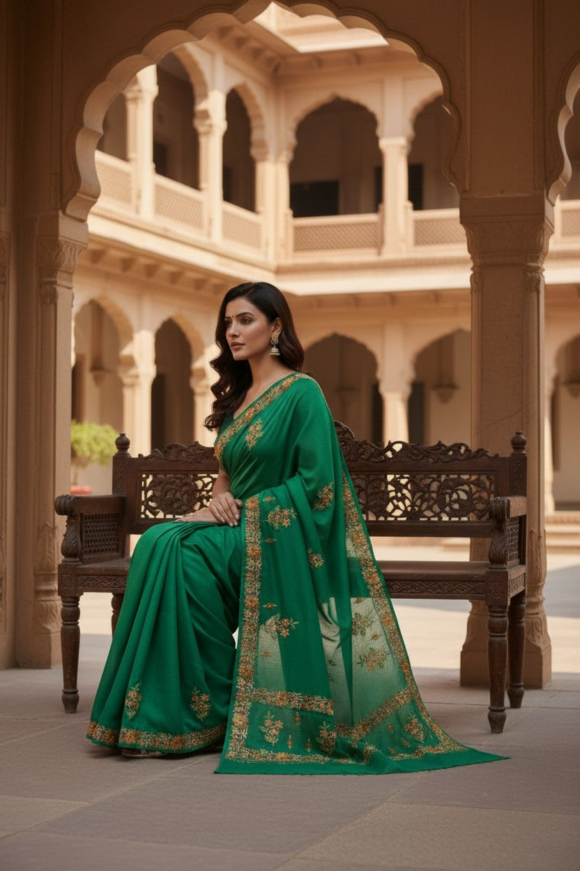Women's Sarees with Kashmiri Aari Embroidery | Crepe Saree with Unstitched Blouse Pieces. - Emerald Green