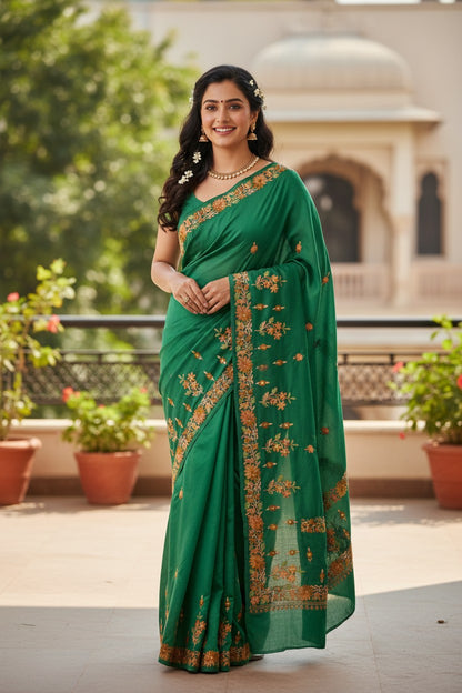 Women's Sarees with Kashmiri Aari Embroidery | Crepe Saree with Unstitched Blouse Pieces. - Emerald Green