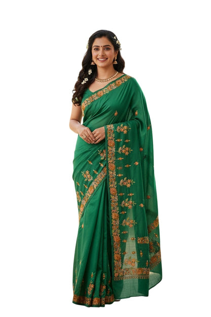 Women's Sarees with Kashmiri Aari Embroidery | Crepe Saree with Unstitched Blouse Pieces. - Emerald Green
