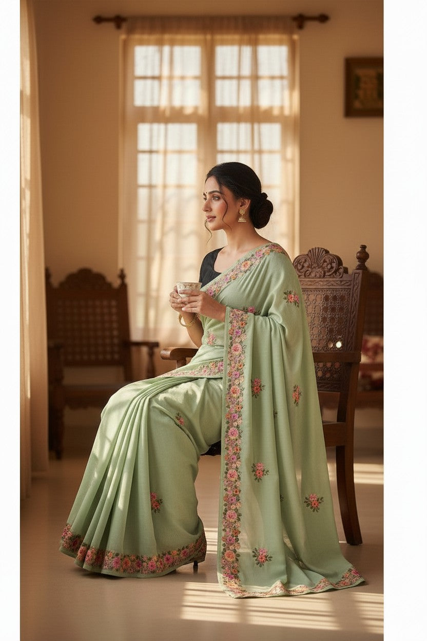 Women's Sarees with Kashmiri Aari Embroidery | Crepe Saree with Unstitched Blouse Pieces. -  Light Green